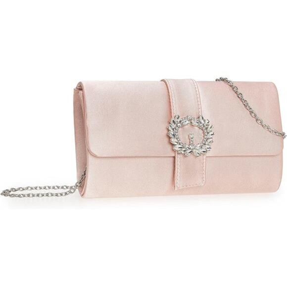 Womens Bag Diamantes Embellished Satin Clutch Nude - Picture 1 of 6